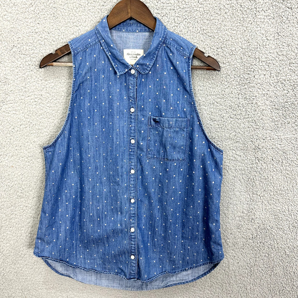 Abercrombie Fitch Button Up Denim Shirt Women Large Polka Dot Vintage Y2K Preppy - Picture 1 of 6